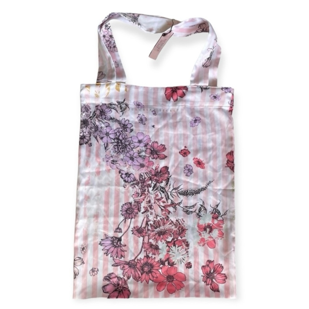 Victoria's Secret Cloth Shoulder Bag White & Pink Stripes Purple & Coral Flowers